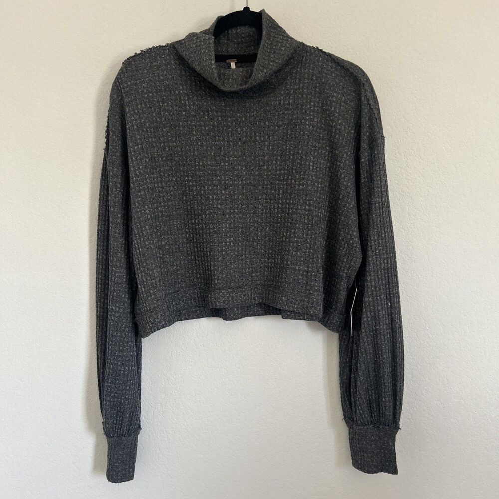 Free People BK Top NWT Black Thermal Waffle Knit Cropped Turtleneck Shirt Sz M